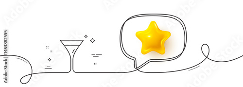 Martini glass line icon. Continuous line with 3d star. Wine glass sign. 3d star in speech bubble. Martini glass single line ribbon. Loop curve pattern. Vector