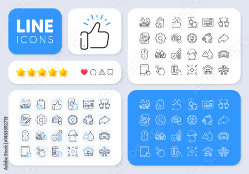Table lamp, Exhaust and Car line icons for web app. Message, Share, Like social media icons. Pack of Teamwork, Waterproof, Sharing economy pictogram icons. Vector