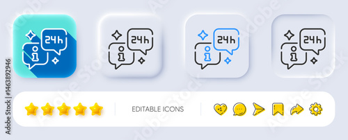 Info line icon. Neumorphic, Flat shadow, 3d buttons. Help inform sign. 24 hours support information symbol. Line info icon. Social media icons. Vector