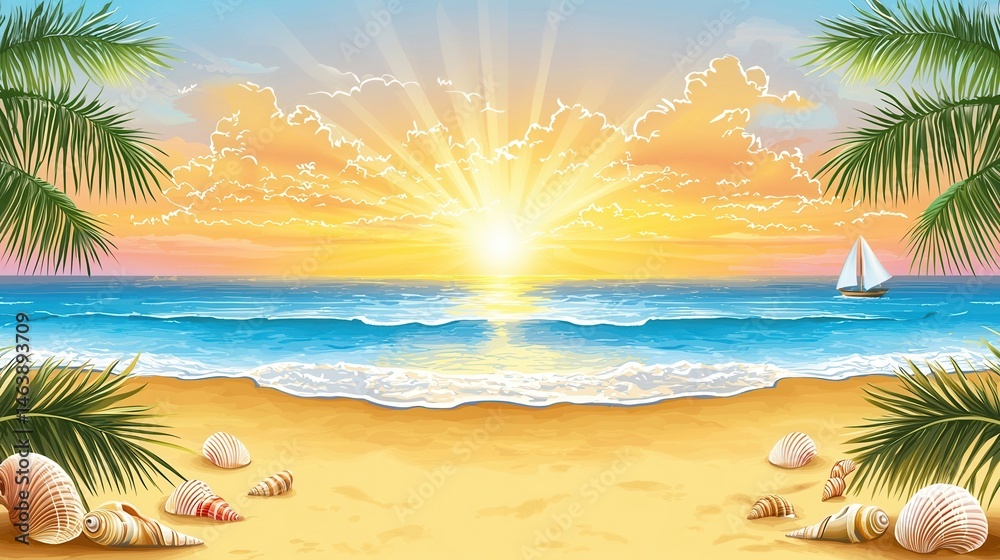 Obraz premium Serene Sunset Beach Scene with Ocean Waves and Sailboat