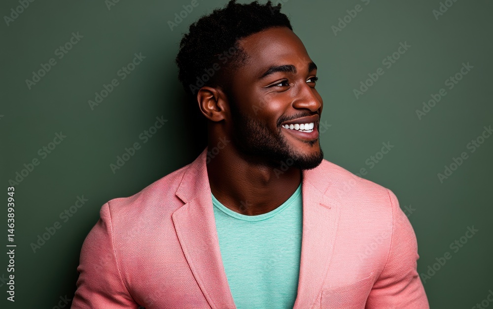 Obraz premium young vogue confident smiling man with short hair, wearing a light solid color blazer, standing against color background