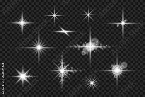 set of shining stars with long cross and snowflake-like rays. beautiful bokeh effect with light diffusion on transparent background
