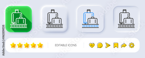 Airport baggage reclaim line icon. Neumorphic, Flat shadow, 3d buttons. Airplane luggage lane sign. Flight checked bag symbol. Line baggage reclaim icon. Social media icons. Vector