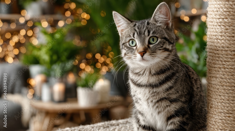 Fototapeta premium Grey striped cat sitting on a scratching post, looking content and calm in a cozy living room