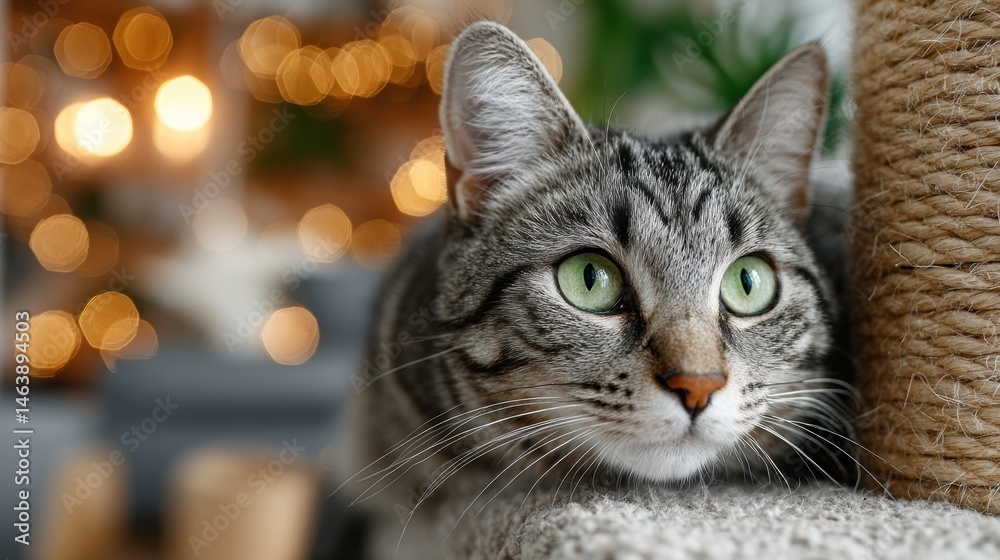 Naklejka premium Grey striped cat sitting on a scratching post, looking content and calm in a cozy living room