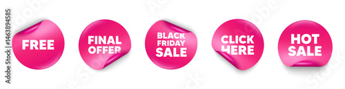 Free sticker tag. Click here, Black friday paper price banners. Free tag. Special offer sign. Sale promotion symbol. Hot sale sticker. Promo banners. Vector