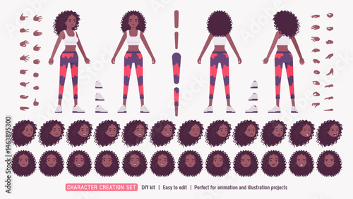 Sporty African American woman curly afro DIY character creation set, fitness body figure parts. Coach in workout yoga leggings, head, leg, hand gestures, emotion, construction kit. Vector illustration