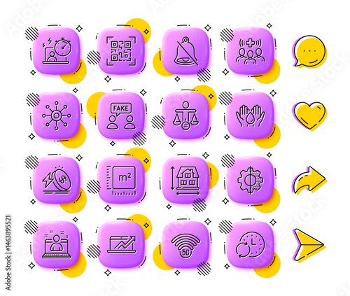 Medical staff, Timer and Ethics line icons. App 3d buttons. Social media comment, share, like icons. Pack of Safe water, House dimension, Mute icon. Vector
