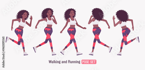Sporty African American woman curly afro walk, run pose set. Fit coach in workout yoga leggings, exercise pants for pilates, running, jogging, sport gym dance. Vector flat style cartoon illustration