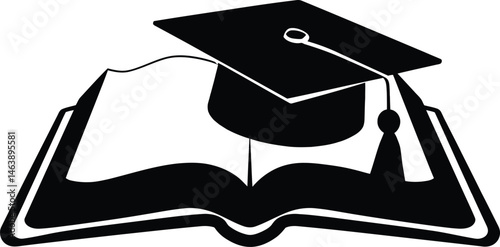 Graduation cap over open book silhouette representing education and achievement symbol
