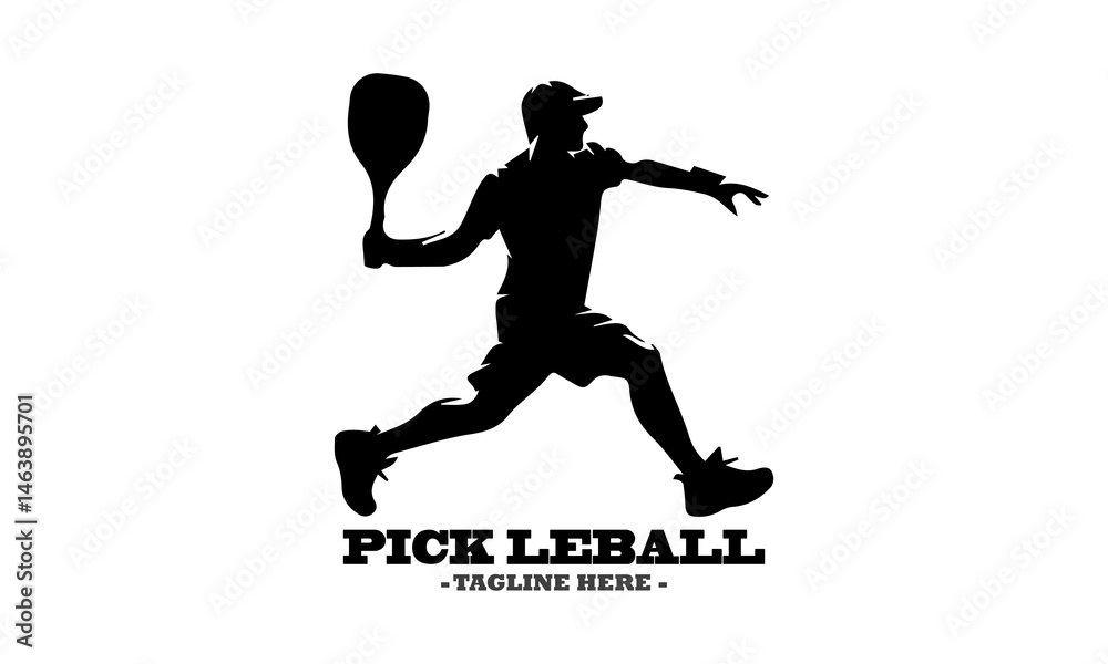 Naklejka premium pickleball logo vector graphic and vector silhouette of a pickleball player serving with white background