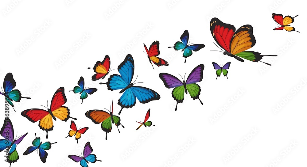 Fototapeta premium Rainbow Butterflies in Flight, White Background
