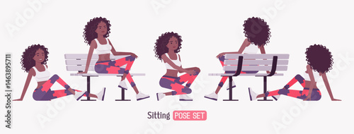 Sporty African American woman curly afro sitting pose set. Fit coach in workout yoga leggings, exercise pants for pilates, running, jogging, sport gym dance. Vector flat style cartoon illustration