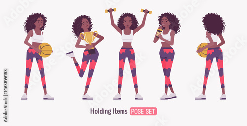 Sporty African American woman curly afro holding items pose set. Fit coach, workout yoga leggings, exercise pants for pilates, running, jogging, sport gym dance. Vector flat style cartoon illustration