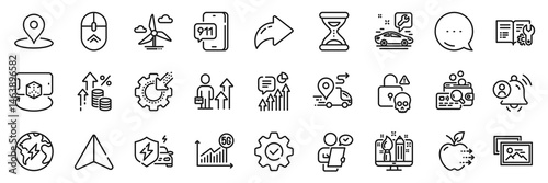 5g statistics, Business results and Emergency call line icons pack. Share, Message, Paper plane icons. Car service, Photo album, Swipe up web icon. Vector
