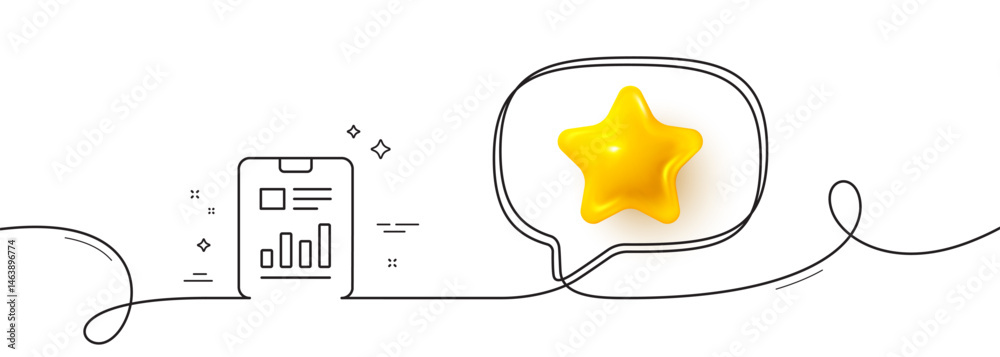 Report document line icon. Continuous line with 3d star. Analysis Chart or Sales growth sign. Statistics data symbol. 3d star in speech bubble. Report document single line ribbon. Vector