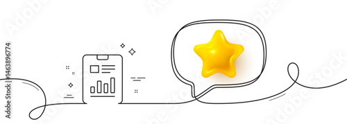 Obraz na płótnie Report document line icon. Continuous line with 3d star. Analysis Chart or Sales growth sign. Statistics data symbol. 3d star in speech bubble. Report document single line ribbon. Vector w salonie