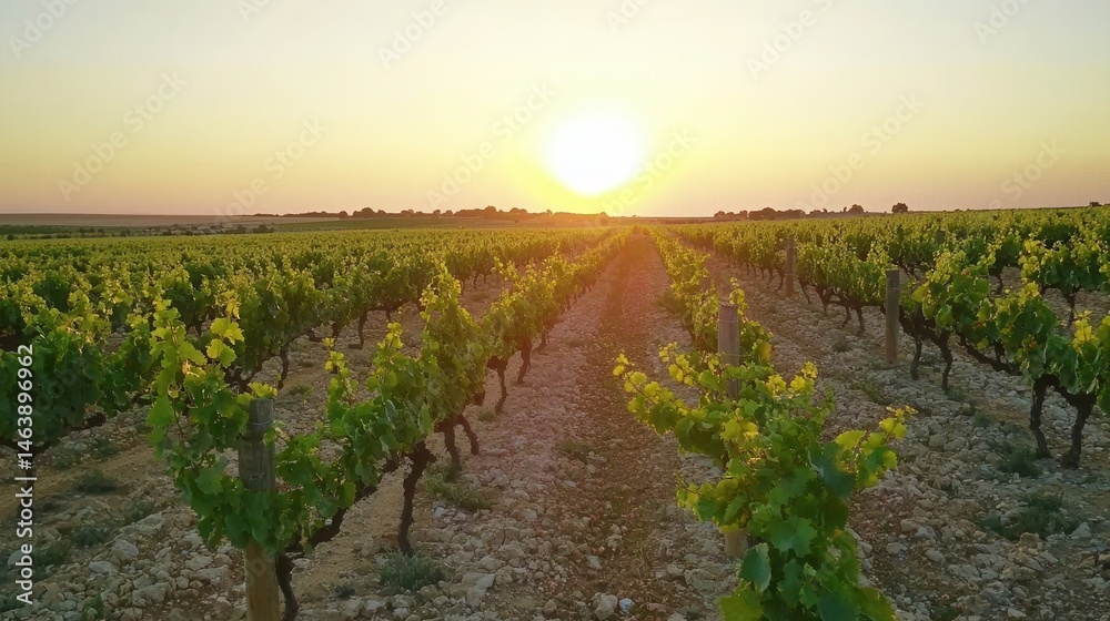 Fototapeta premium Vineyard Sunset Rows of Grapevines at Golden Hour