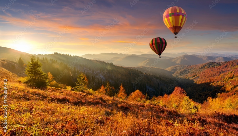 Obraz premium Hot Air Balloon Soaring Over Autumnal Mountain Landscape at Sunrise