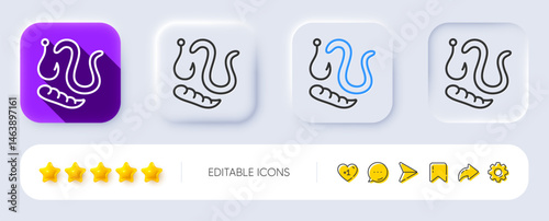 Maggots lure line icon. Neumorphic, Flat shadow, 3d buttons. Fishing hook with worms sign. Fishhook bait symbol. Line worms icon. Social media icons. Vector