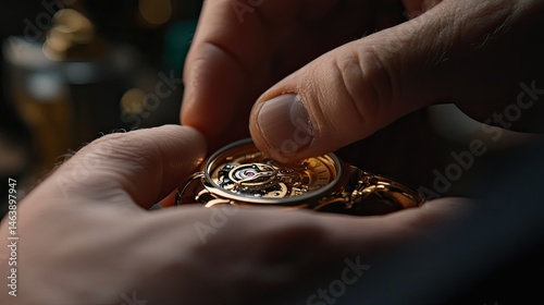 Hands assemble intricate gold watch mechanism with ruby detail; precision focus