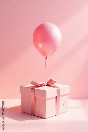 A pink balloon gently tethered above a delicately decorated present, a symbol of joy and celebration.