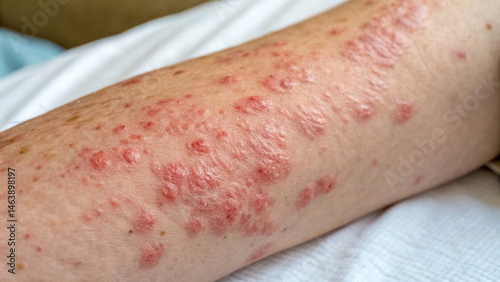 A severe skin reaction is evident on a person's torso and arms, characterized by a widespread red and bumpy rash with irregular, blotchy distribution, photographed outdoors