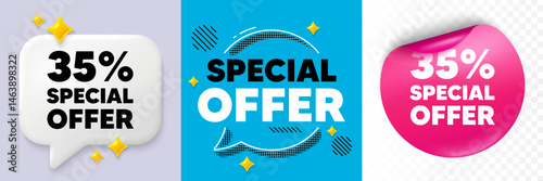 Discount speech bubble. 3d sparkles chat, Paper sticker. 35 percent discount offer tag. Sale price promo sign. Special offer symbol. Special offer bubble. Halftone dots pattern. Vector