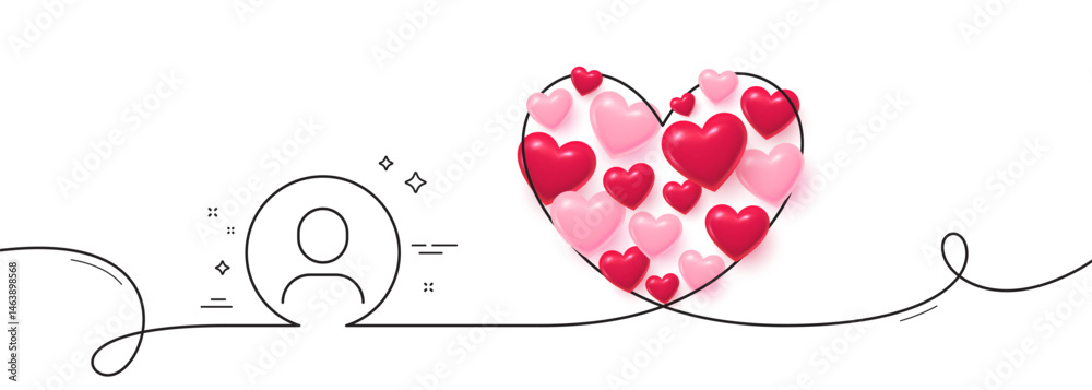 Headshot line icon. Continuous line big heart. Avatar placeholder sign. User profile symbol. 3d hearts in heart shaped loop. Headshot single line ribbon. Loop curve pattern. Vector