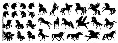 Hand drawn unicorn silhouette, flying animal icon with wings and horn, cute black horse torn paper sticker and mythical creature symbol set in flat style for kids and adult coloring book background.