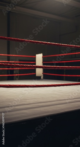 Empty Boxing Ring with Red Ropes in Arena Center for Competition