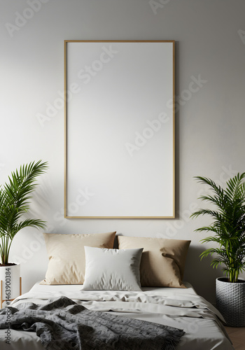 Empty Frame In Modern Bedroom Illustration With White Wall And Green Plants