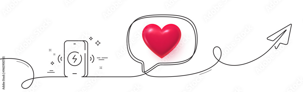 Wireless charging line icon. Continuous line with share plane. Charge phone sign. Mobile accessories symbol. 3d heart in speech bubble. Wireless charging single line ribbon. Loop curve pattern. Vector