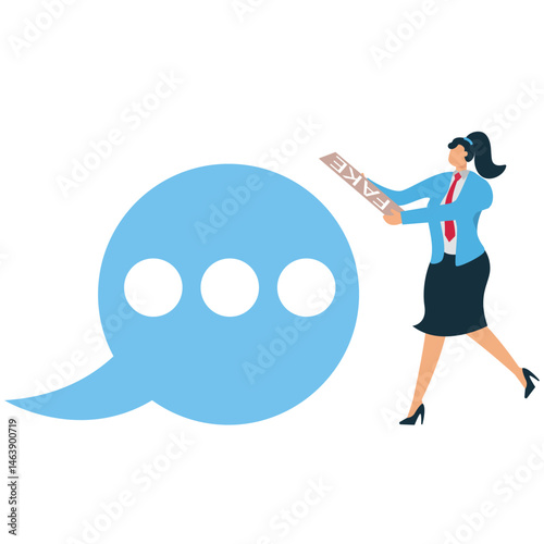 A Businesswoman sits reading a newspaper with fake news written on it in front of a chat bubble, an illustration for fake news, hoax, illegal reports, misinformation.