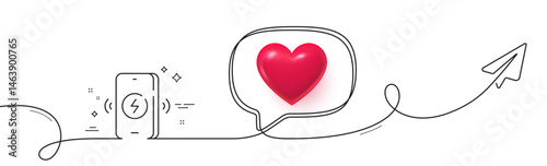 Wireless charging line icon. Continuous line with share plane. Charge phone sign. Mobile accessories symbol. 3d heart in speech bubble. Wireless charging single line ribbon. Loop curve pattern. Vector