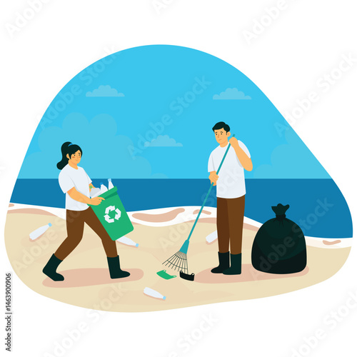 Environmental. Vector illustration of Two people collecting trash and plastic on the beach to support marine environment protection. Isolated on background
