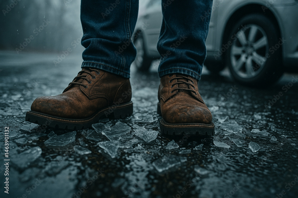 Man in Jeans and Brown Leather Boots Walking on Broken Ice on a Wet Road Man in Jeans and Brown Leather Boots Walking on Broken Ice on a Wet Road