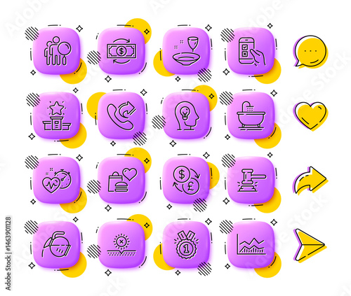 Search people, Mobile survey and Approved line icons. App 3d buttons. Social media comment, share, like icons. Pack of Bath, Money change, Food donation icon. Vector