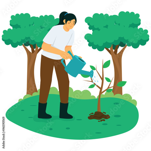 Environmental. Vector illustration of A woman waters young trees in a forest, supporting growth and sustainability. Isolated on background