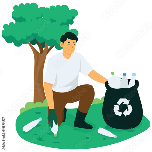 Environmental. Vector illustration of A man gathers plastic bottles into a recycling bag in a forest area to support environmental cleanup. Isolated on background