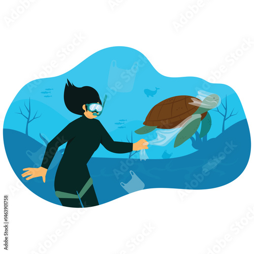 Environmental. Vector illustration of A diver saves a sea turtle entangled in plastic waste while cleaning the polluted ocean floor. Isolated on background