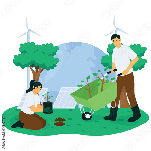 Environmental. Vector illustration of A man and woman plant young trees in a green area surrounded by wind turbines and solar panels. Isolated on background