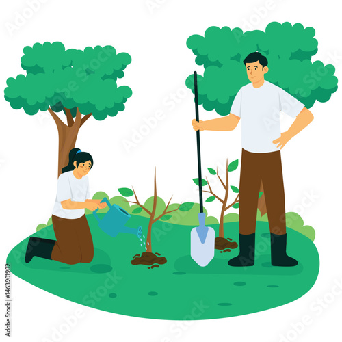 Environmental. Vector illustration of A man and woman care for planted trees by watering and tending the garden in a green forest setting. Isolated on background
