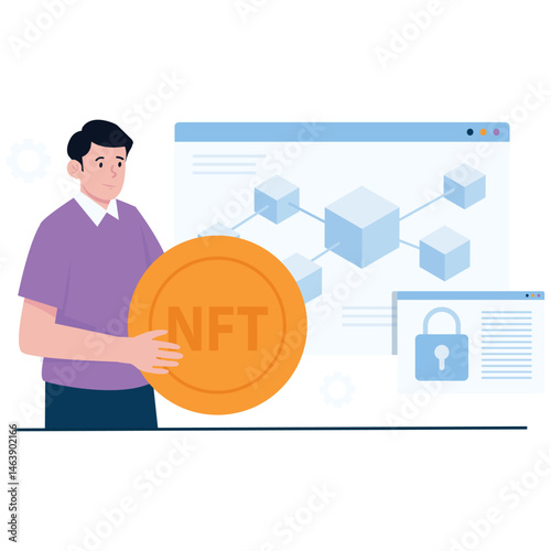 A man showcasing a secure blockchain network connected to NFTs.