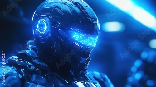 Wallpaper Mural Futuristic robotic figure illuminated by blue lights in a tech setting Torontodigital.ca