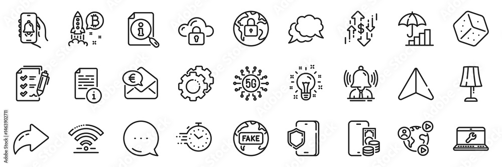 Wifi, Settings gears and Dice line icons pack. Share, Message, Paper plane icons. Chat message, Video conference, Table lamp web icon. Lock, Fake news, Phone pay pictogram. Vector
