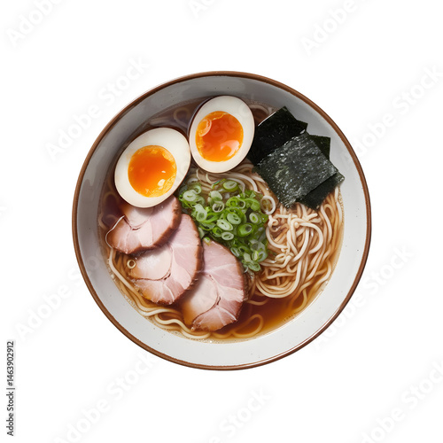 Delicious Ramen Noodles in Broth on White Background