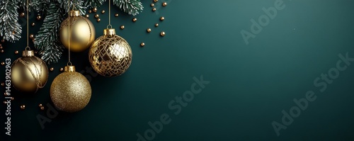 Banner design with hanging golden Christmas ornaments on a dark green background, in a minimalistic style with simple lines and shapes, Generative AI