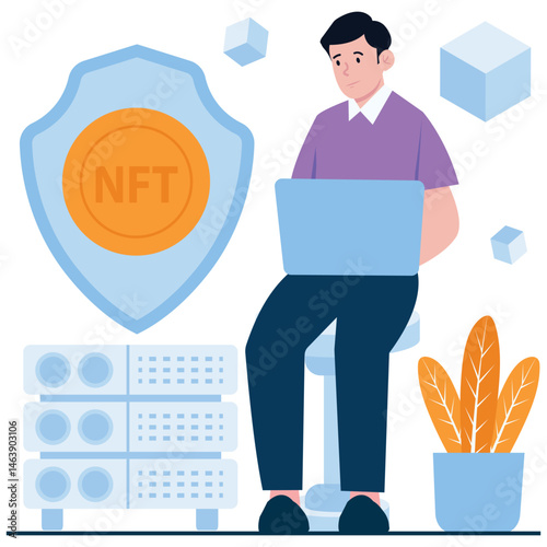 A man using a laptop in front of a system protecting NFTs through blockchain.