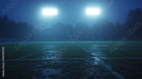 Empty football field under night lights, wet grass glistening. Solitude and anticipation before the game.